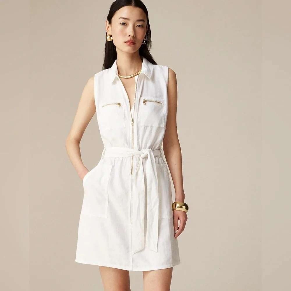 J.Crew Zip-Front Linen-Blend Dress White Sleeveless Utility CA422 Size 6 NEW